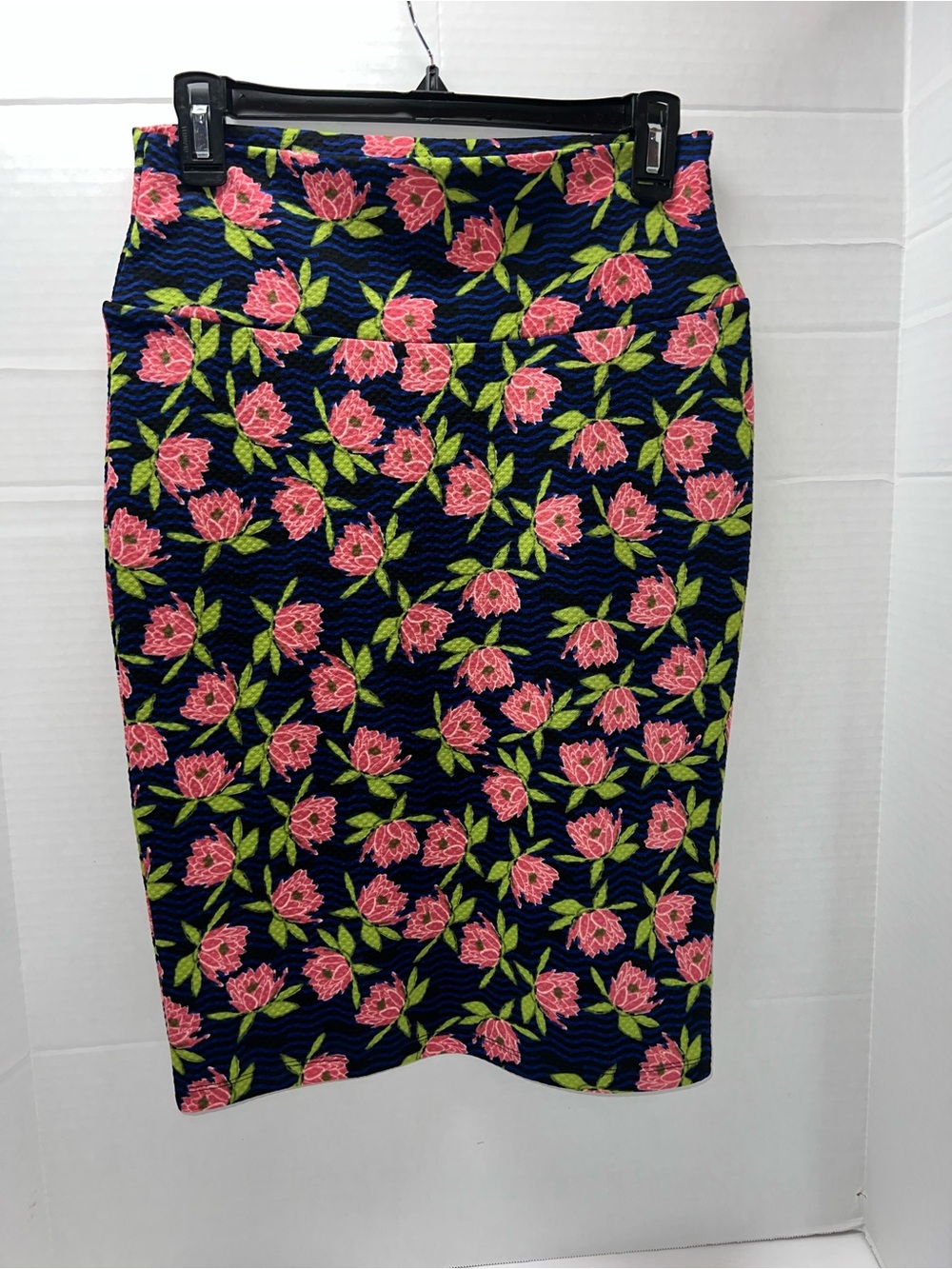 LuLaRoe Navy Pencil Skirt with Pink Floral Print